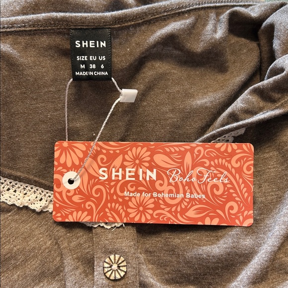 SHEIN Boho Feels long sleeve vneck lace trimmed top shirt NWT - Picture 7 of 8